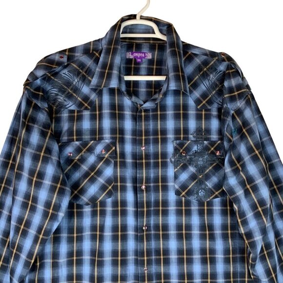 Empra Mens 3XL Plaid Western Shirt Cross Angel Wings Detail Diamond Snaps - Picture 1 of 6